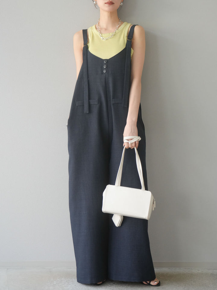 [予約]リネンタッチボタンサロペット/チャコール