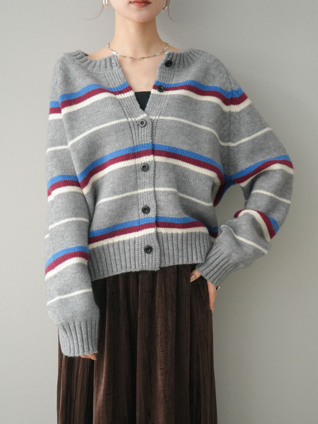 [予約]ランダムボーダーニットカーディガン/gray