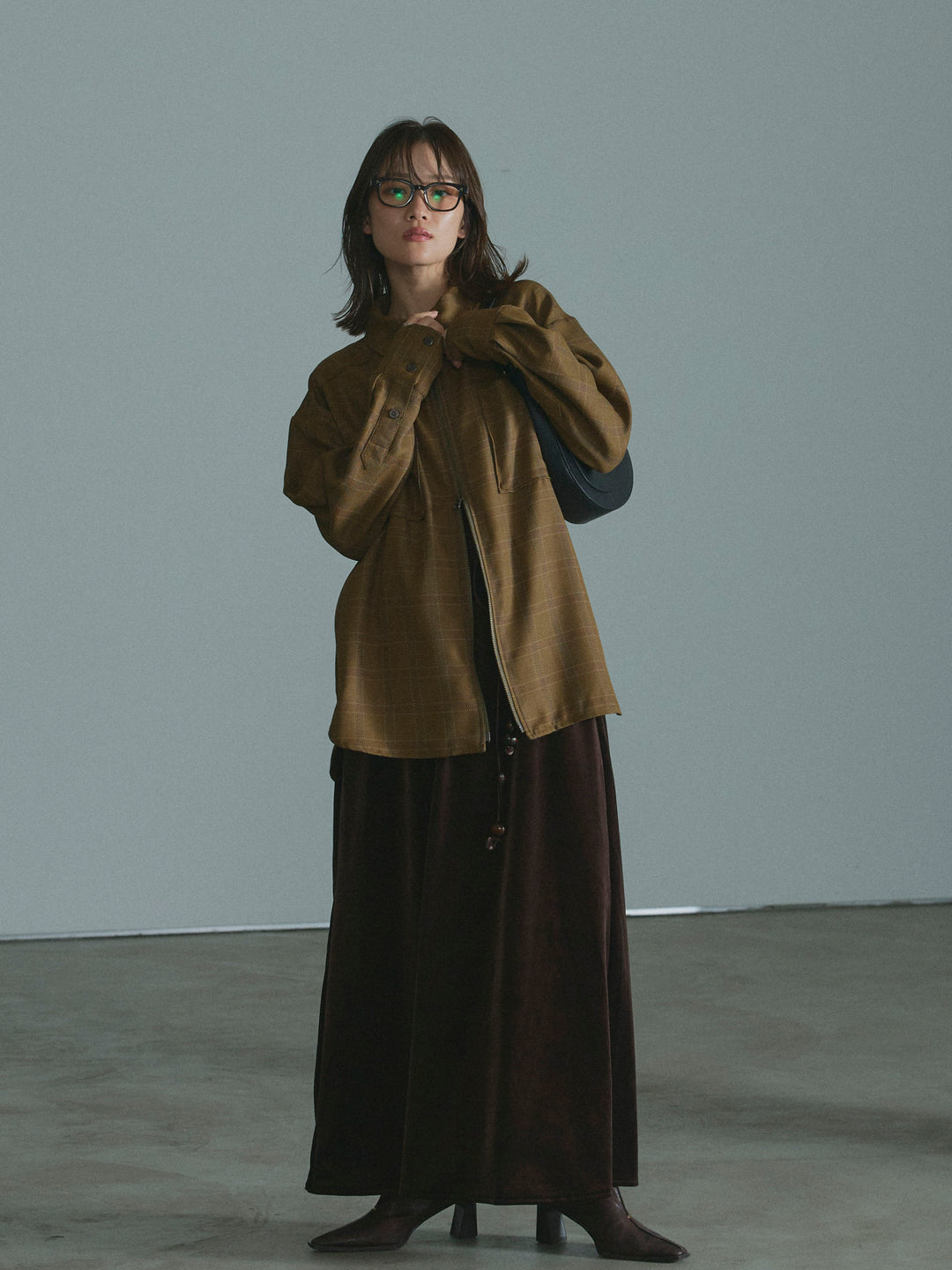 【Allure】[SET]杢チェックZIPシャツジャケット+ベロアナロースカート(2set)