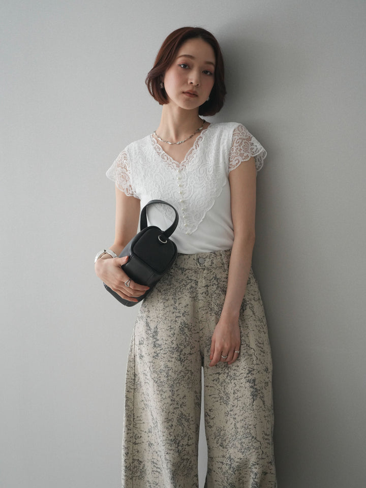 [予約]パールボタンレース切替ニットトップス/white