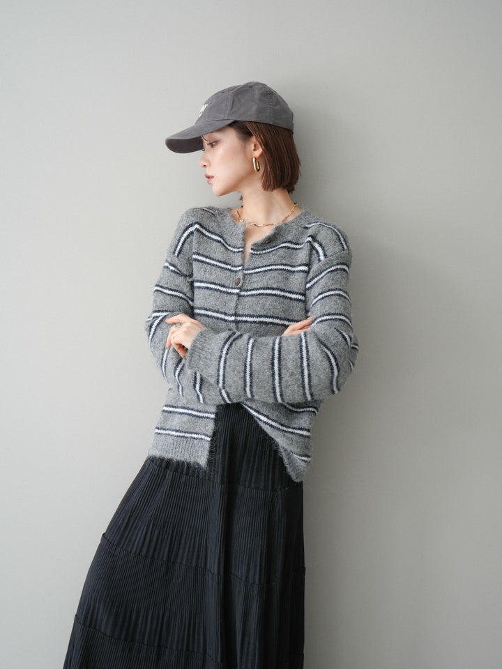 [予約]ボーダーシャギーニットカーディガン/gray