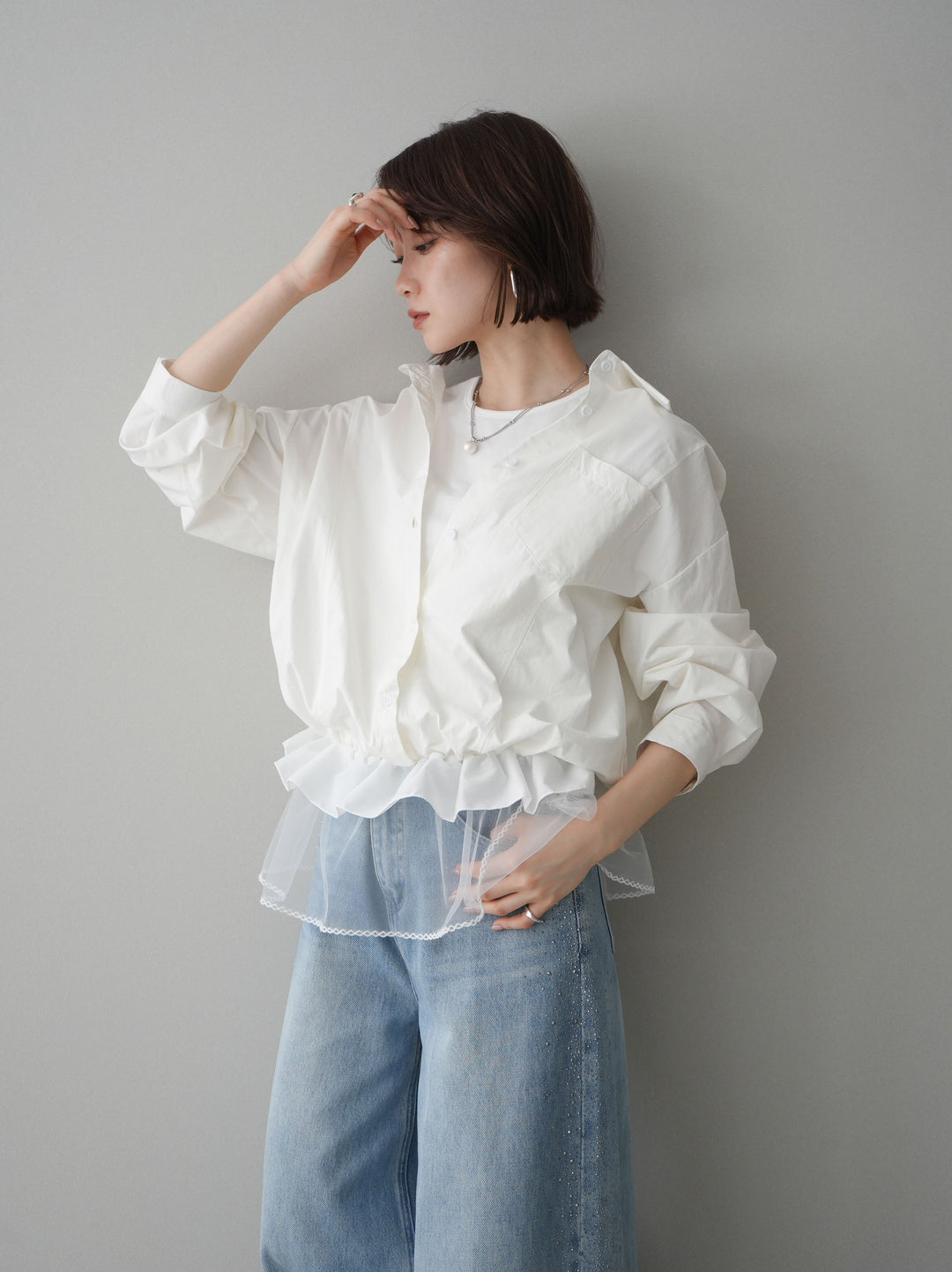 [予約]裾チュールノースリーブカットソー＆シャツドッキングトップス/white