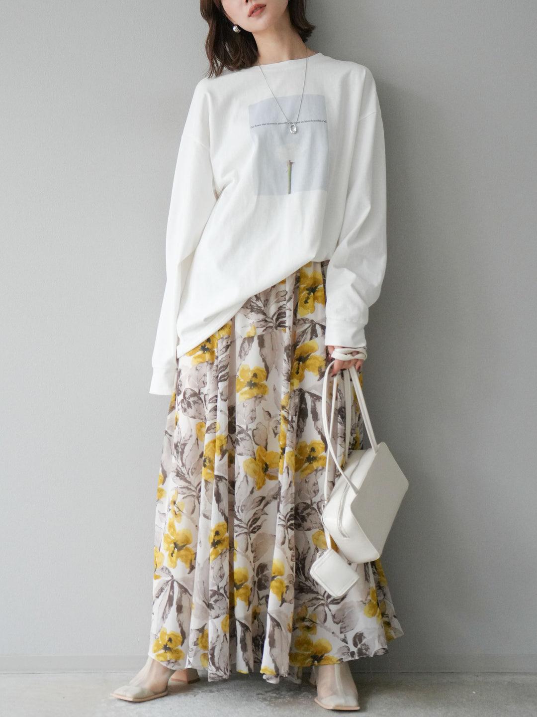 [予約]フラワープリントボリュームフレアスカート/イエロー