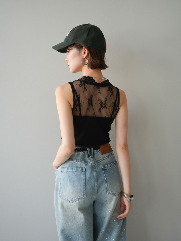 [予約]シアーストレッチレースノースリーブトップス/black