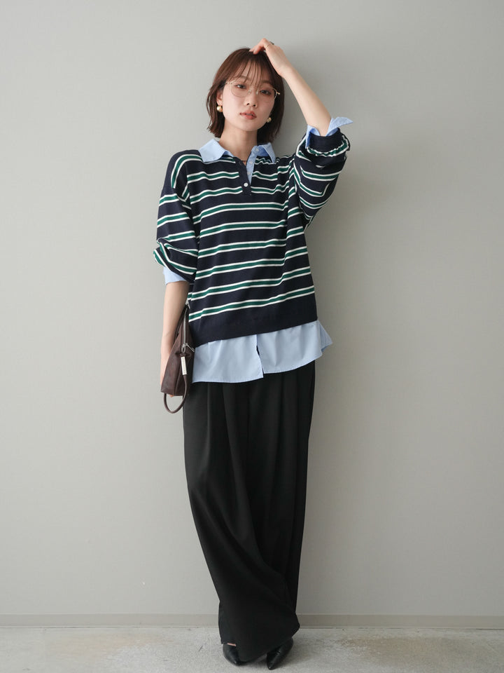 [予約]ウエストバイカラータックワイドパンツ/black