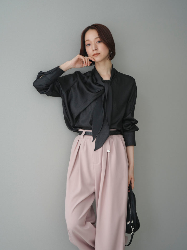 [SET]楊柳シャイニータイブラウス+ベルト付キーホルダーモチーフワイドパンツ(2set)