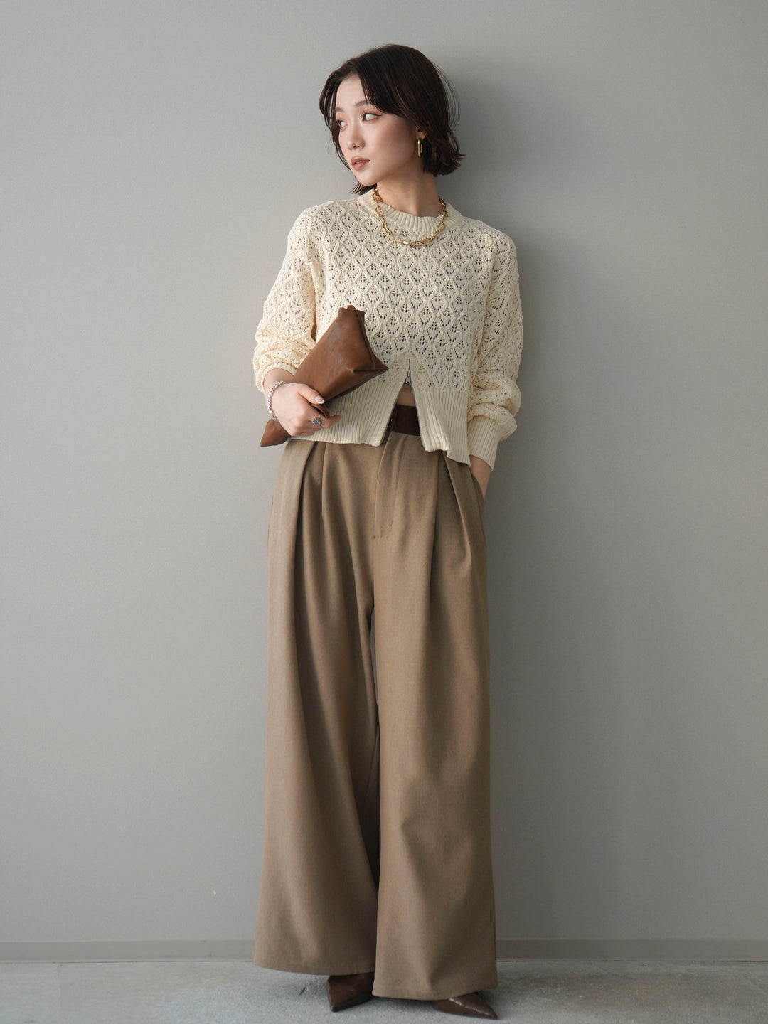 [予約]サテンベルトタックワイドパンツ/beige