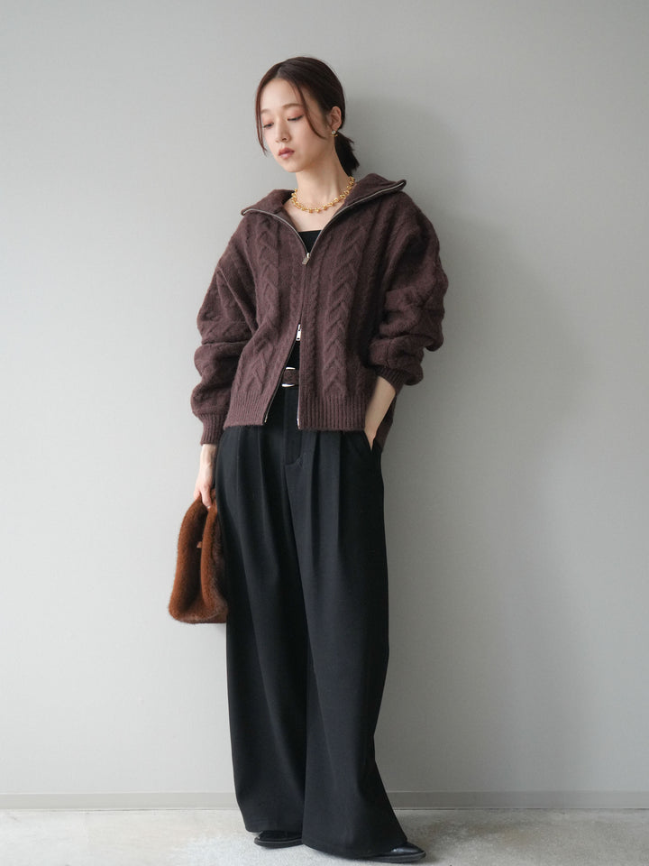 [SET]ケーブル編みハイネックZIPニットカーディガン+アニマル柄ベルト付きウールタッチワイドパンツ(2set)