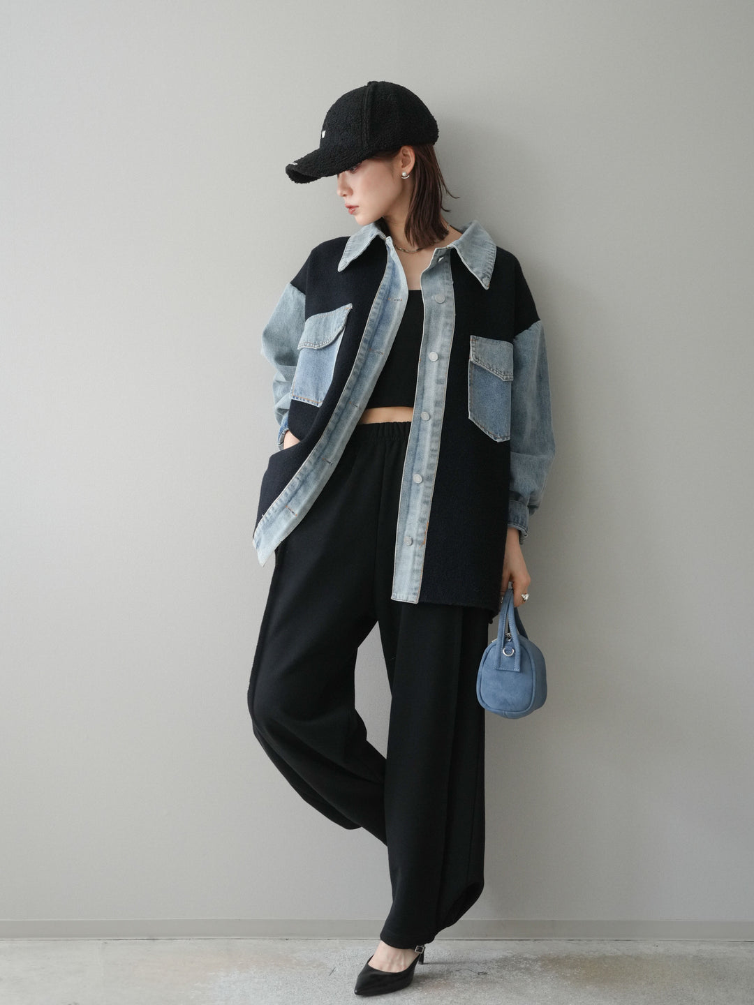 [SET]デニム襟ダブルフェイスニットカーディガン+2WAYデザインスウェットパンツ(2set)