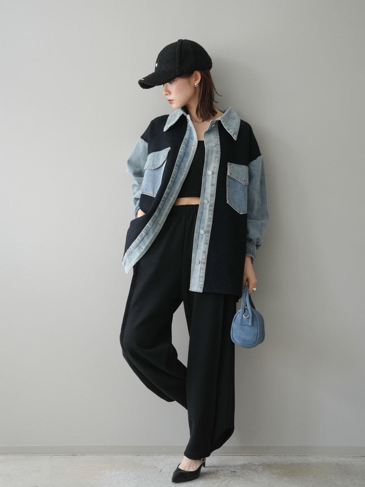 [SET]デニム襟ダブルフェイスニットカーディガン+2WAYデザインスウェットパンツ(2set)