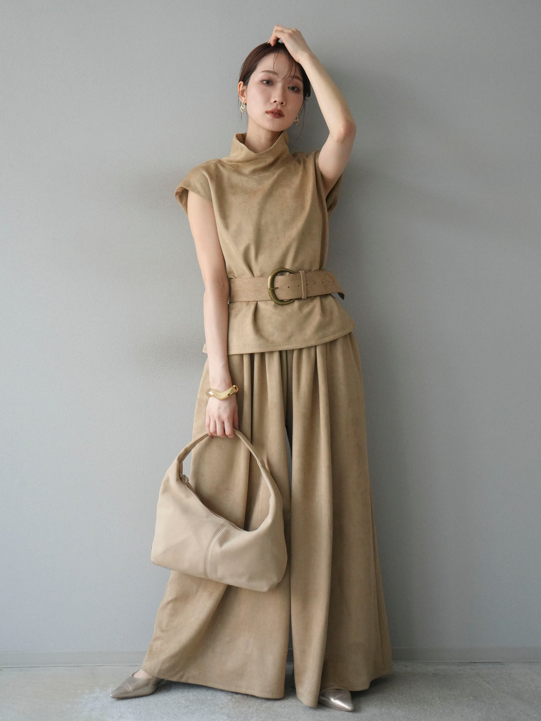 [SET]ベルト付スエードハイネックプルオーバー＆ワイドパンツSET UP