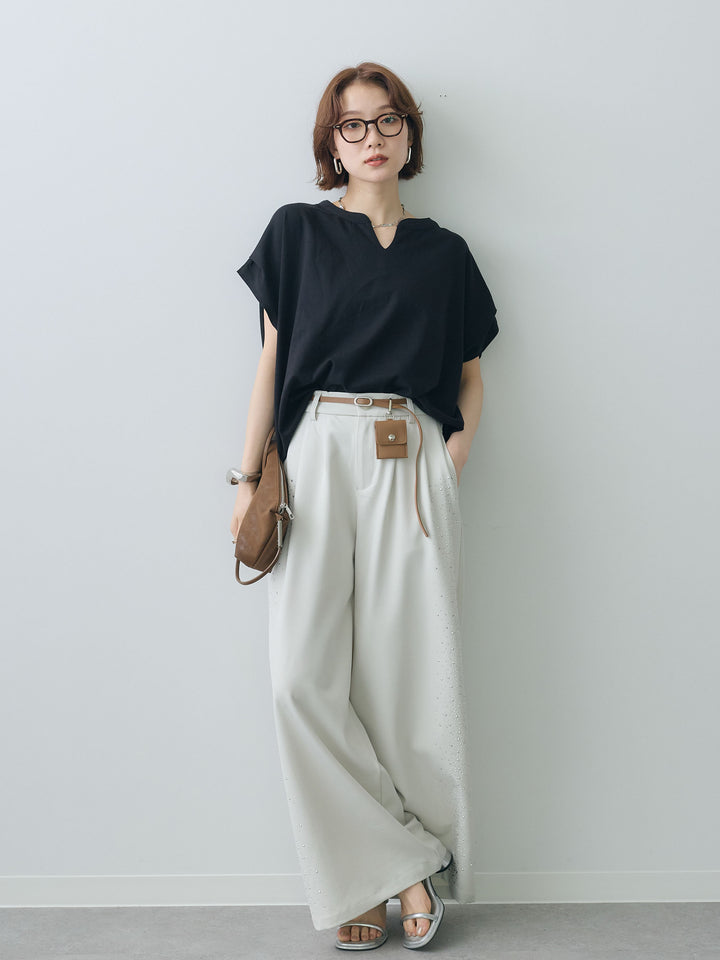 [SET]スキッパードルマンカットソー+ポーチベルト付サイドビジュータックワイドパンツ(2set)