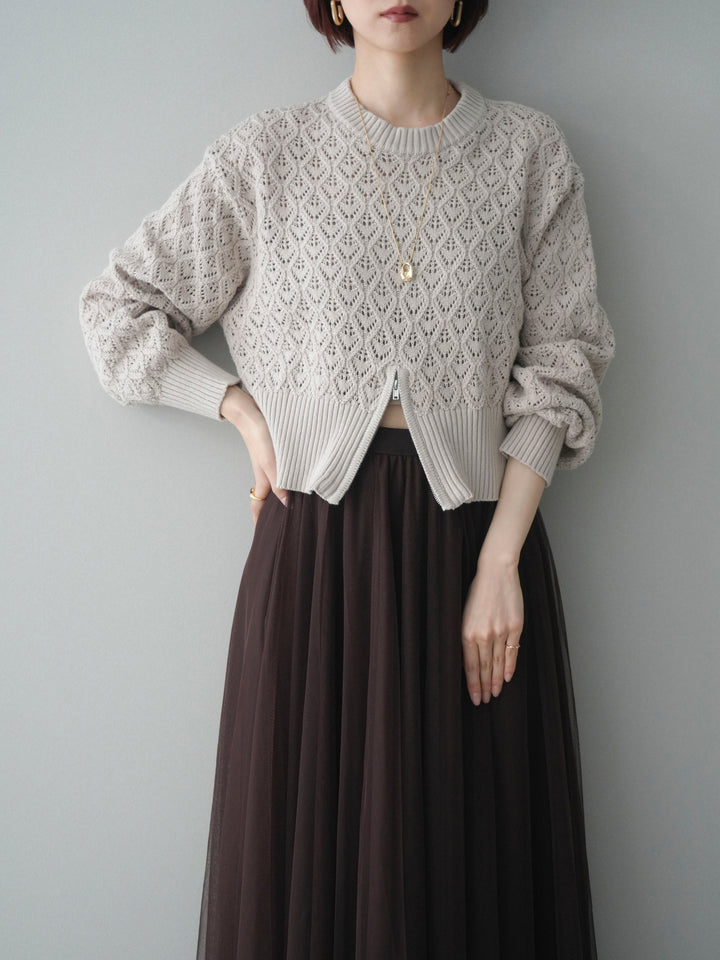 [予約]透かし編みフロントジップスリットニットプルオーバー/lightbeige