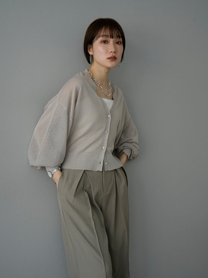 [SET] Lame sheer knit cardigan + double strap cut rib bra camisole + design tuck wide pants L (3set)