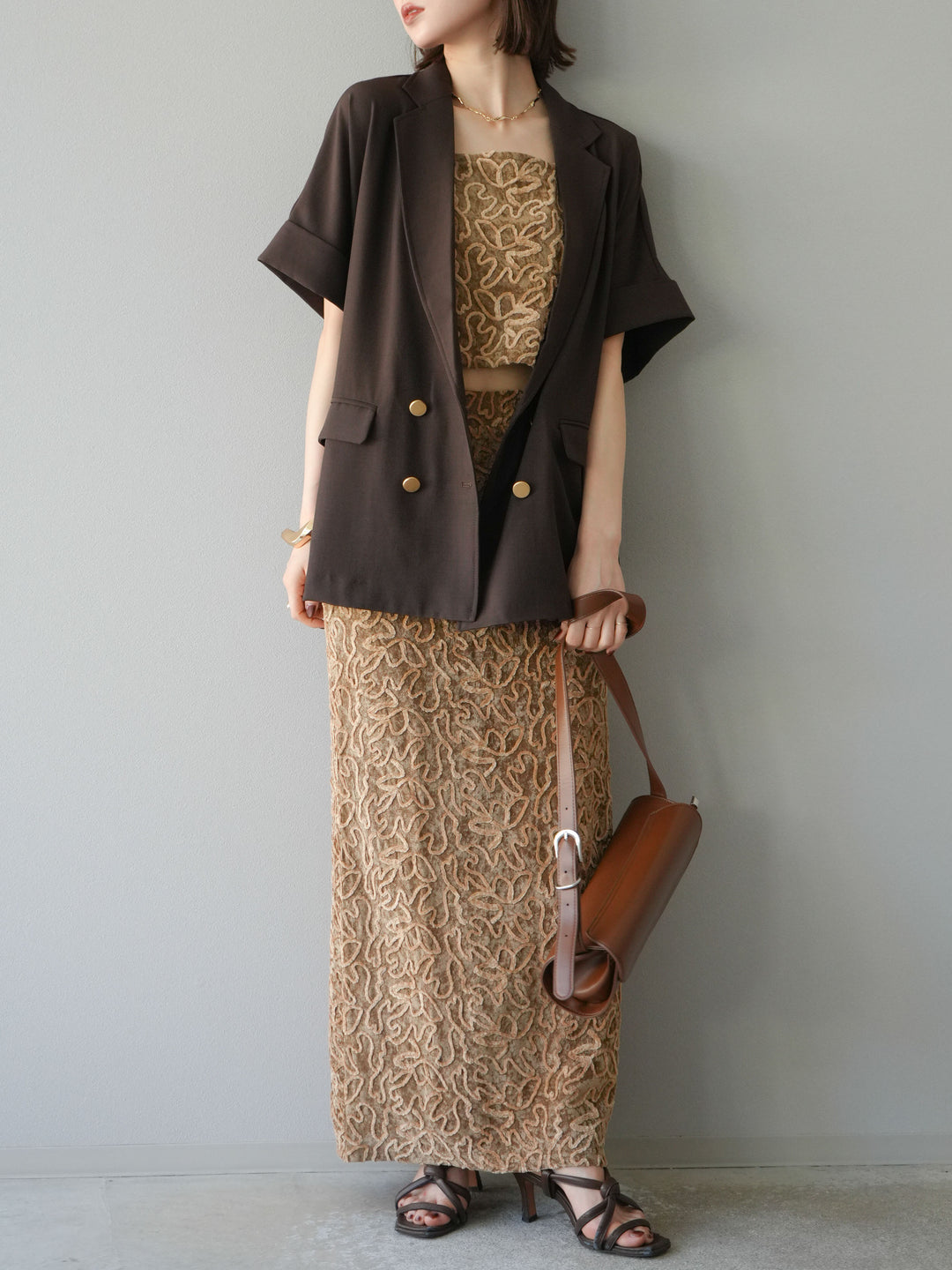 [予約]ゴールドボタンハーフジャケット/ブラウン