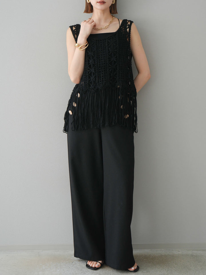 [予約]クロシェフリンジノースリーブトップス/ブラック