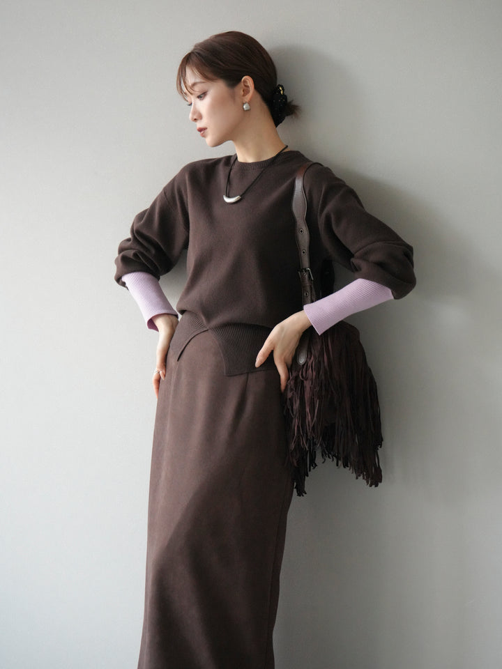 [予約]袖配色フロントスリットニットプルオーバー/ブラウン