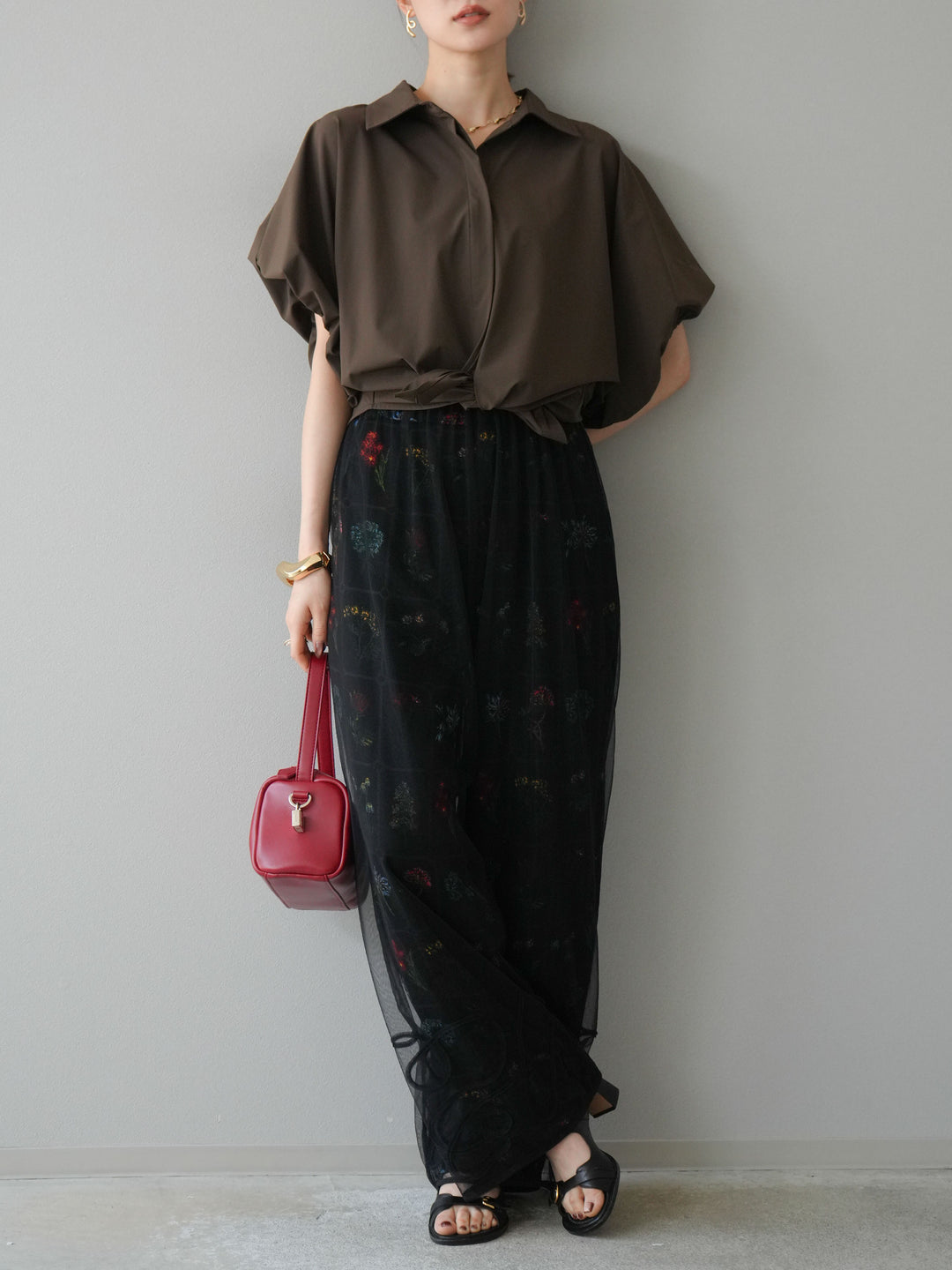 [予約]パッチワークフラワープリントイージーパンツ/ブラック