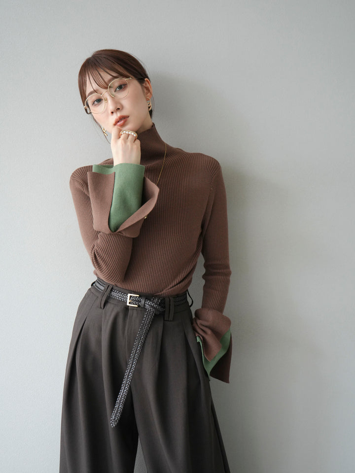 [SET] 疊層喇叭袖高領針織上衣 + 雙褶寬褲 (2 套)