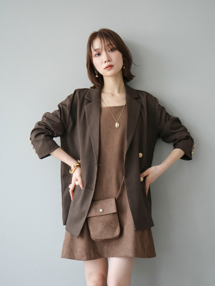 [SET]ゴールドボタンツイルダブルテーラードジャケット+ショルダーポーチ付スウェードミニワンピース(2set)