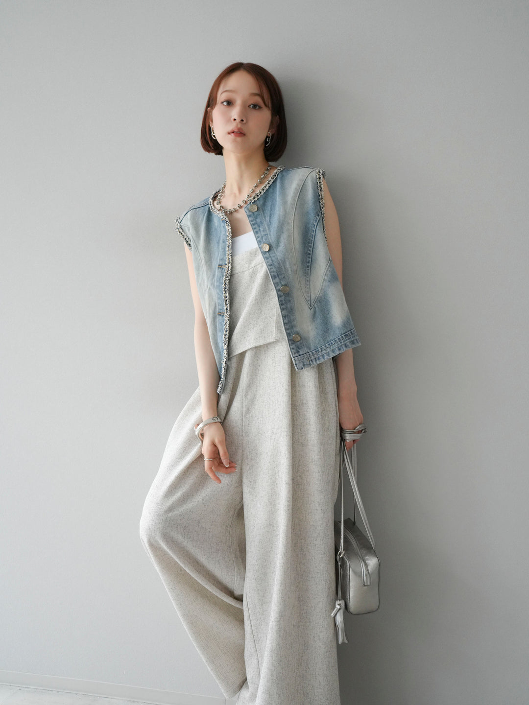 [予約]ツイードデザインデニムベスト/ライトブルー
