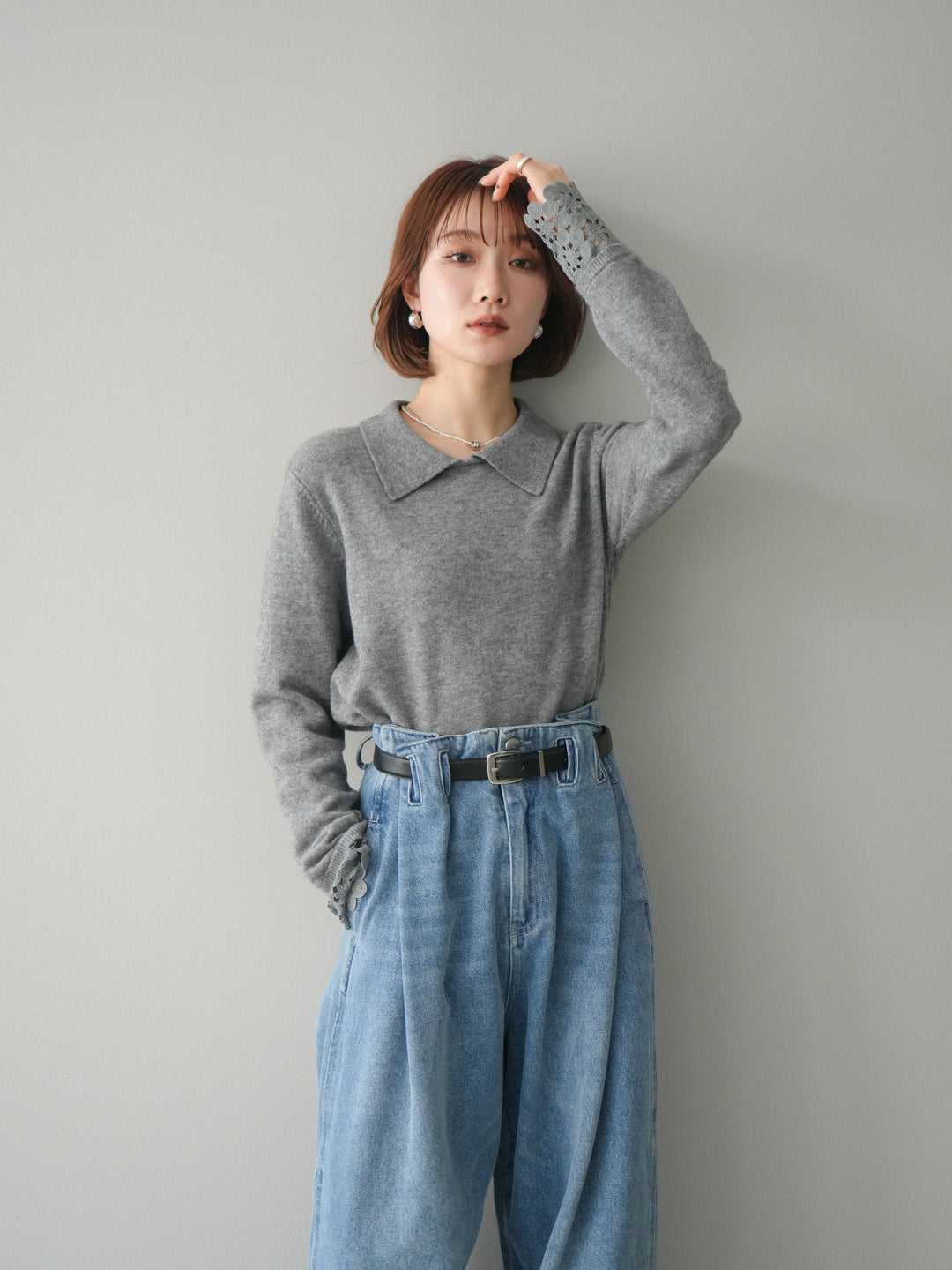 [SET]スカラップレース袖襟付きニットトップス+選べるアクセセット(2set)