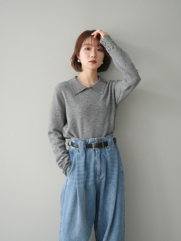 [SET]スカラップレース袖襟付きニットトップス+選べるアクセセット(2set)