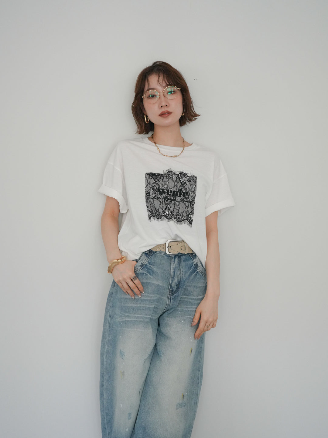 [予約]レースコラージュロゴTシャツ/off