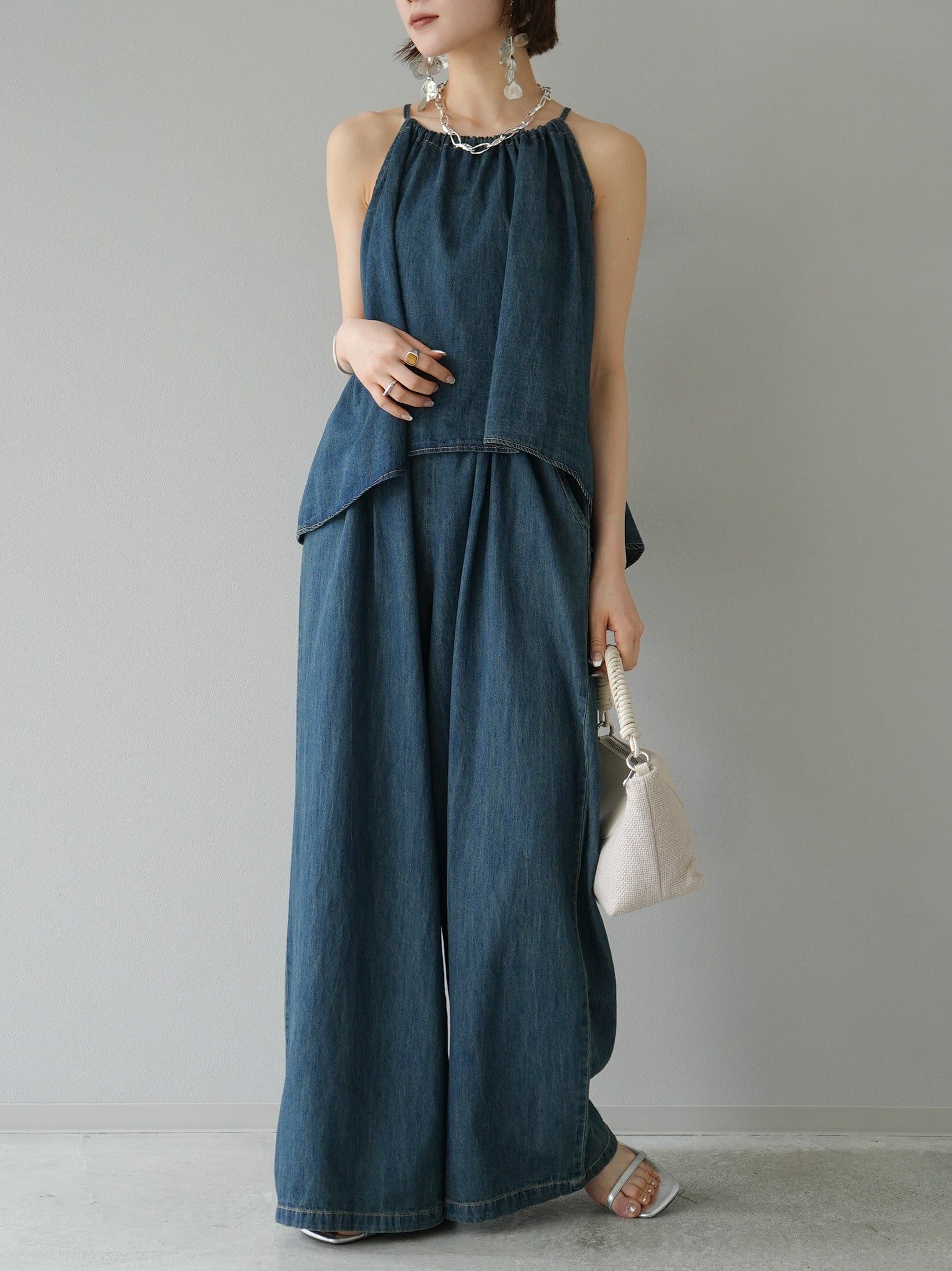 デニムキャミソールとパンツのセット パンツセットアップ レディース 夏 上下セット デニム