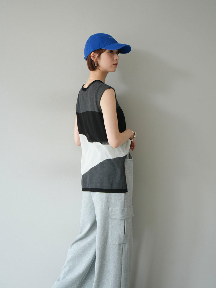 [SET]バイカラーシアーニットノースリーブ+ウエストラインサイドポケットスウェットパンツ(2set)