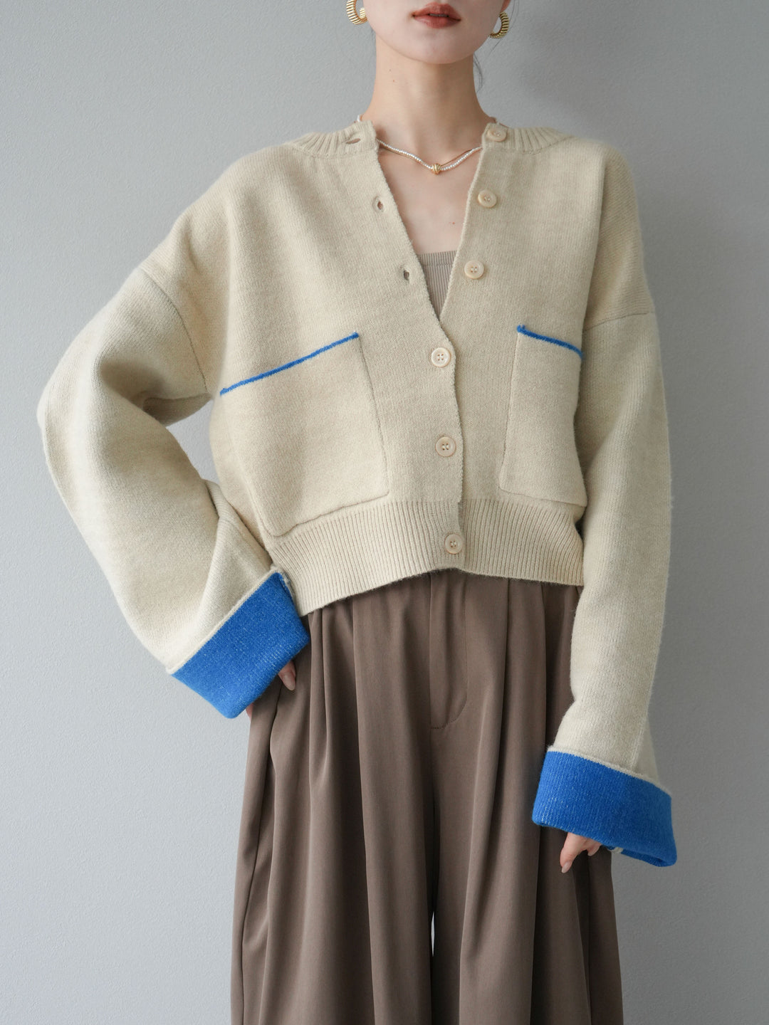 【SET】雙色針織開襟衫+褶襉設計寬褲（2套）