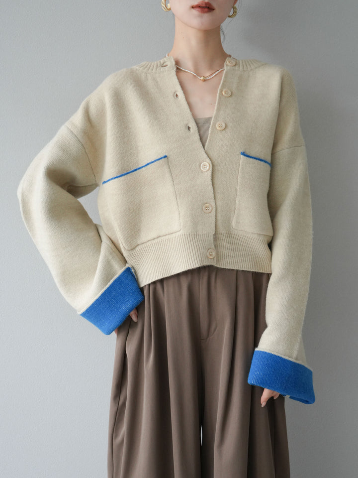 【SET】雙色針織開襟衫+褶襉設計寬褲（2套）