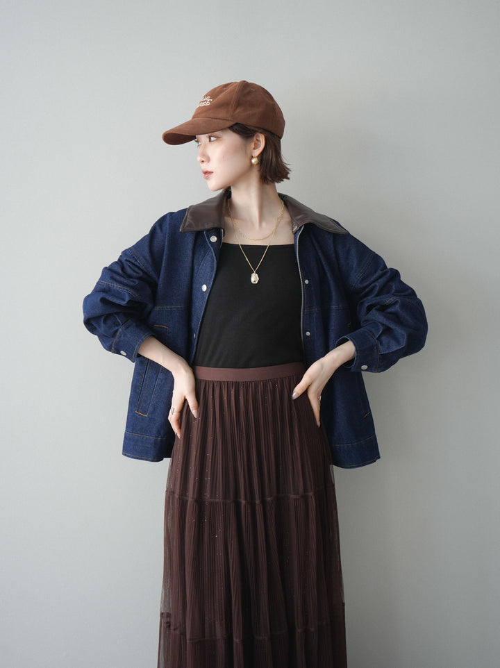 [SET]配色襟レザーデニムブルゾン+ラメプリーツレイヤードチュールロングスカート(2set)