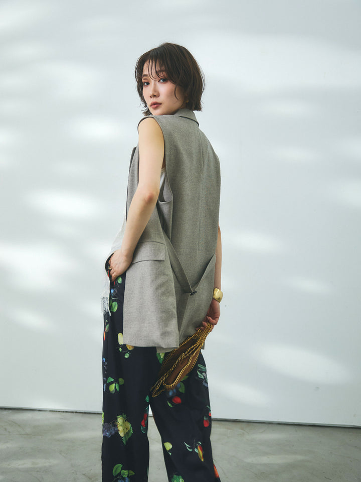 【Allure】[SET]杢調ミディ丈テーラードジレ+リネンタッチレース切替キャミソール(2set)