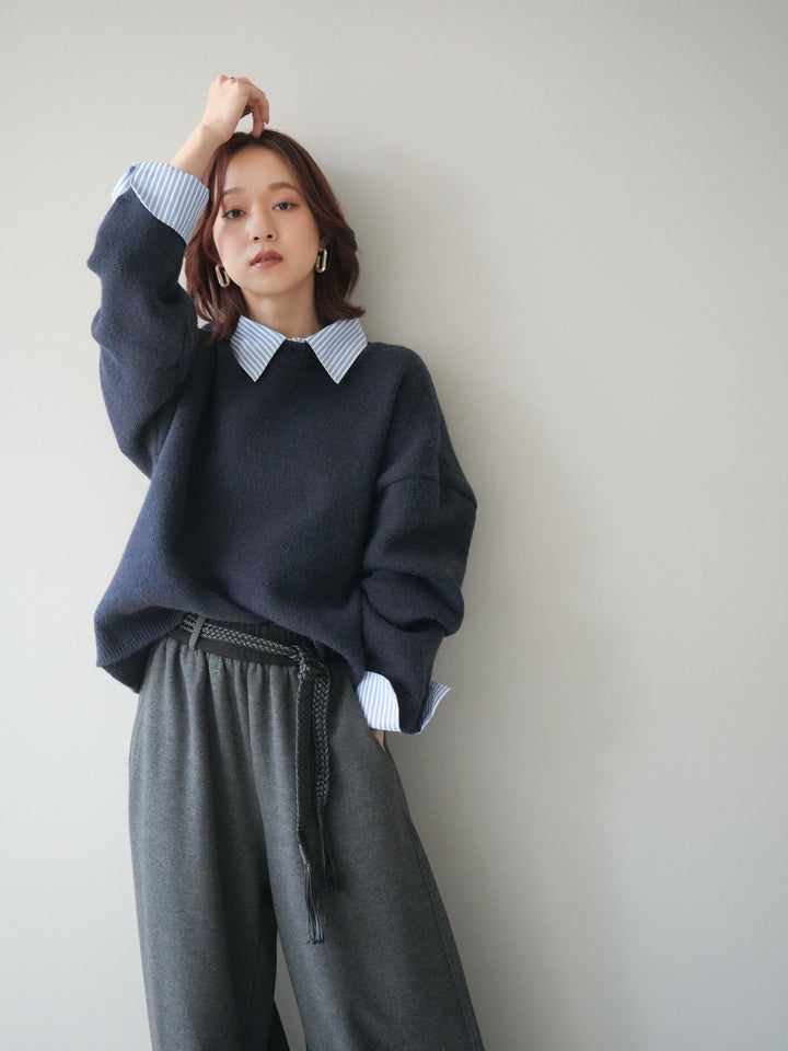 [SET]2WAYストライプ襟ニットプルオーバー+編み込みベルト付きウエスト配色スエットパンツ(2set)
