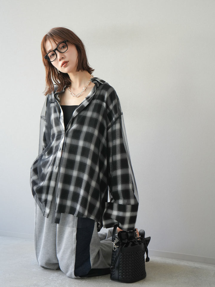 [予約]チュールドッキングチェック柄オーバーサイズシャツ/ブラック