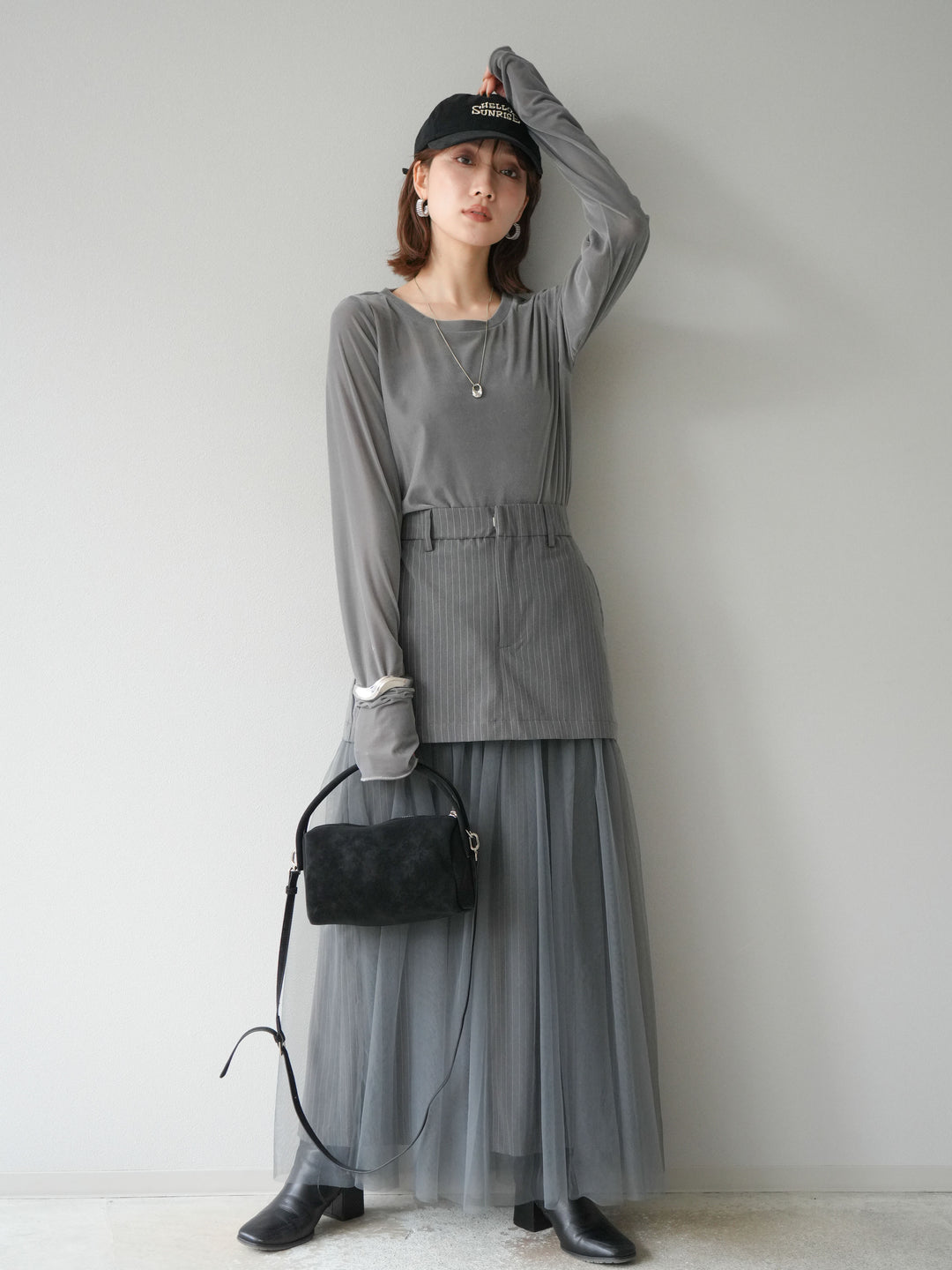 [予約]ストライプ切替チュールスカート/グレー