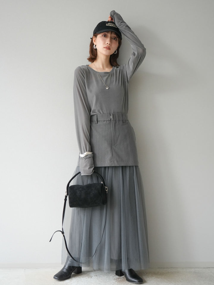 [予約]ストライプ切替チュールスカート/グレー
