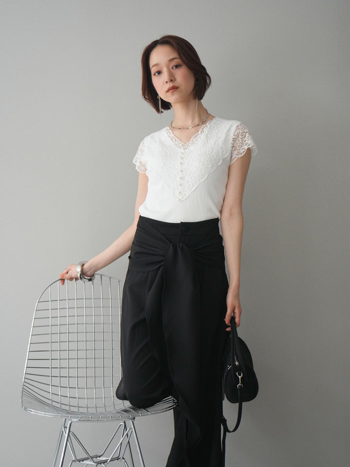 [SET]パールボタンレース切替ニットトップス+選べるアクセセット(2set)