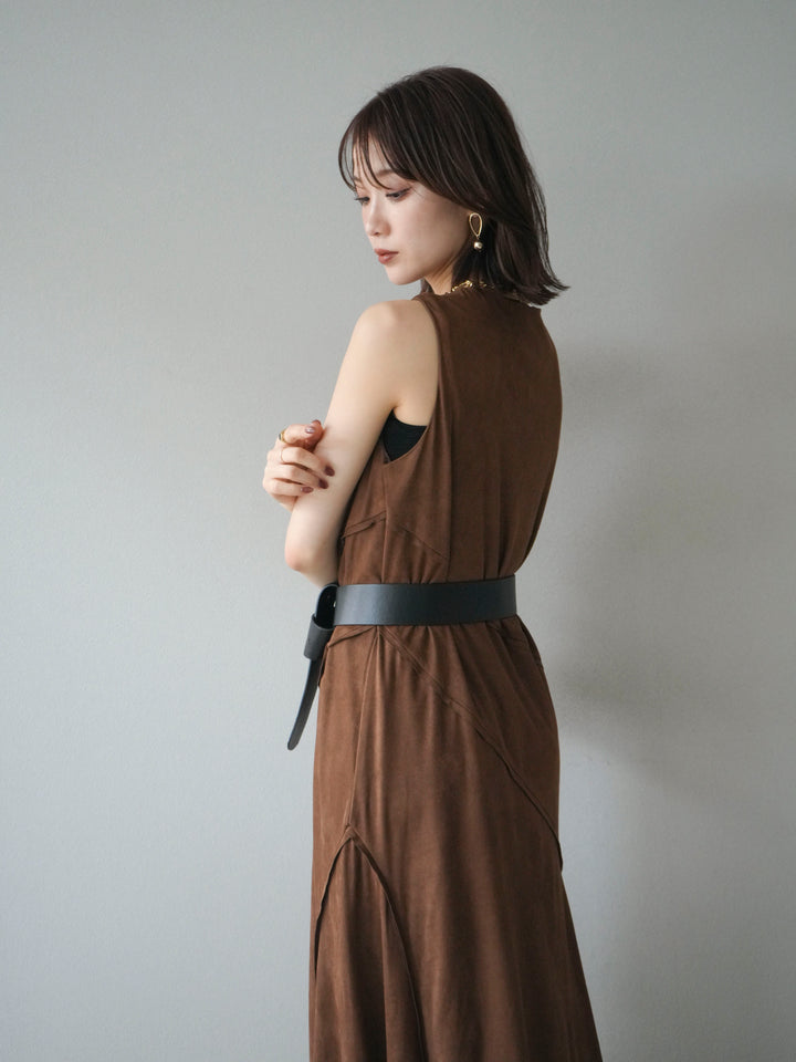 [予約]スエードアウトシームデザインベルト付ワンピース/camel