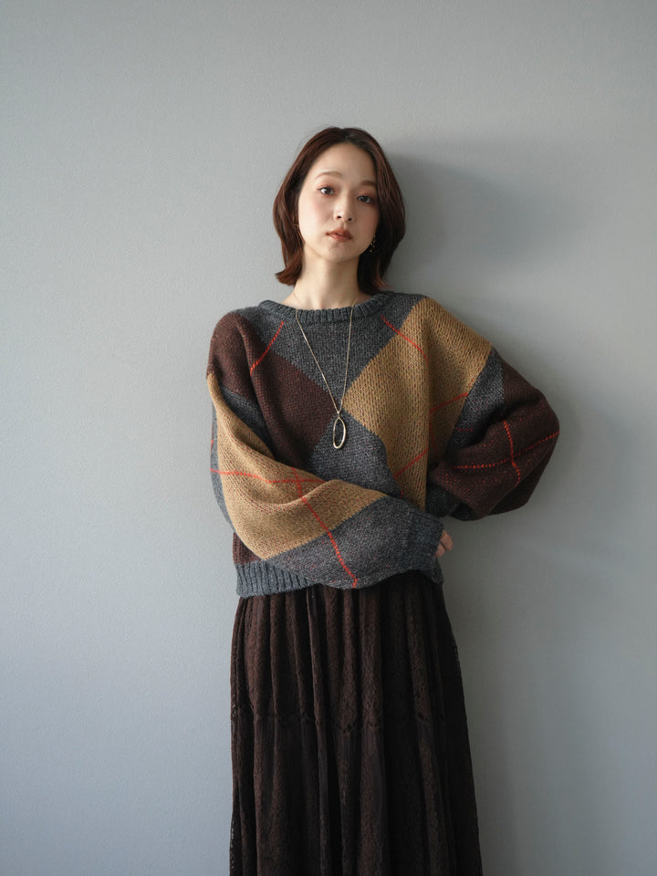 [SET]配色ステッチアーガイル柄ニットプルオーバー+ヴィンテージライクメッシュレーススカート(2set)
