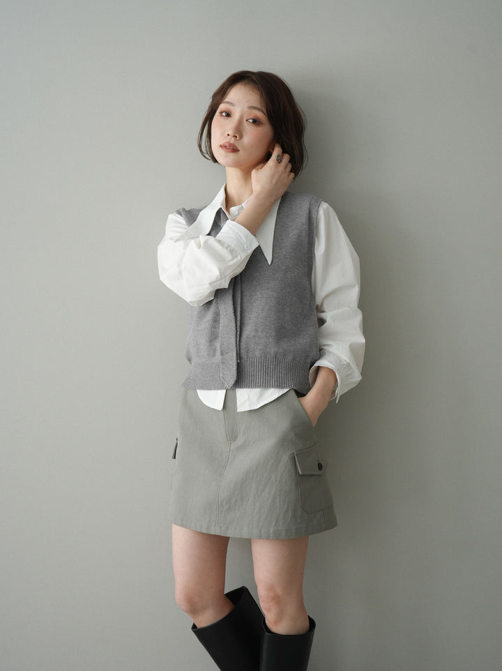 【套裝】蝴蝶結針織背心套裝襯衫+繫帶工裝迷你裙（兩件組）