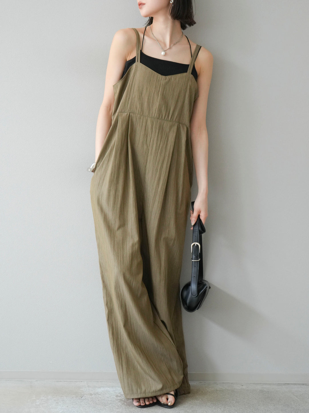 [SET]リネンライクビスチェデザインサロペット+ダブルストラップカットリブブラキャミソール(2set)