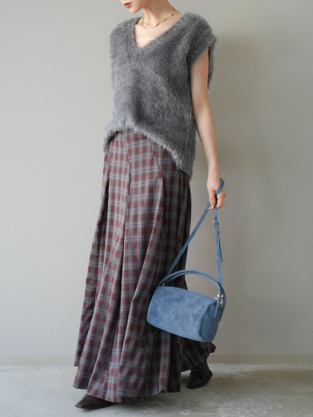 [予約]チェックタックフレアロングスカート/ ボルドー