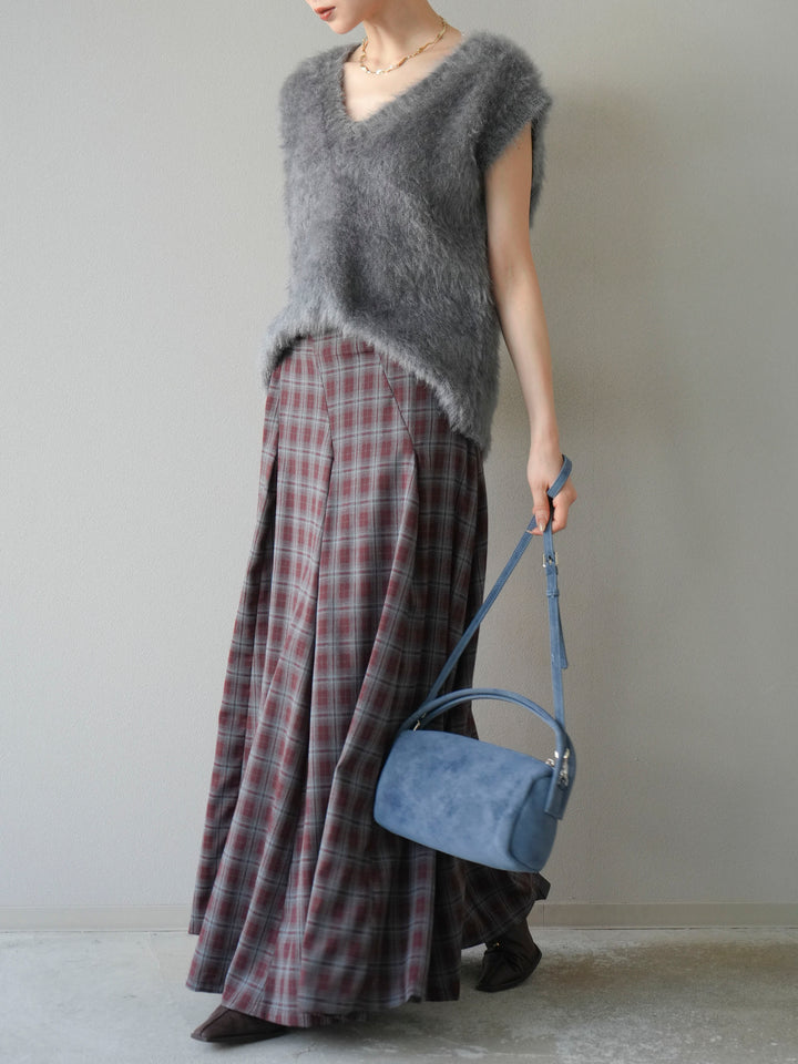 [予約]チェックタックフレアロングスカート/ ボルドー