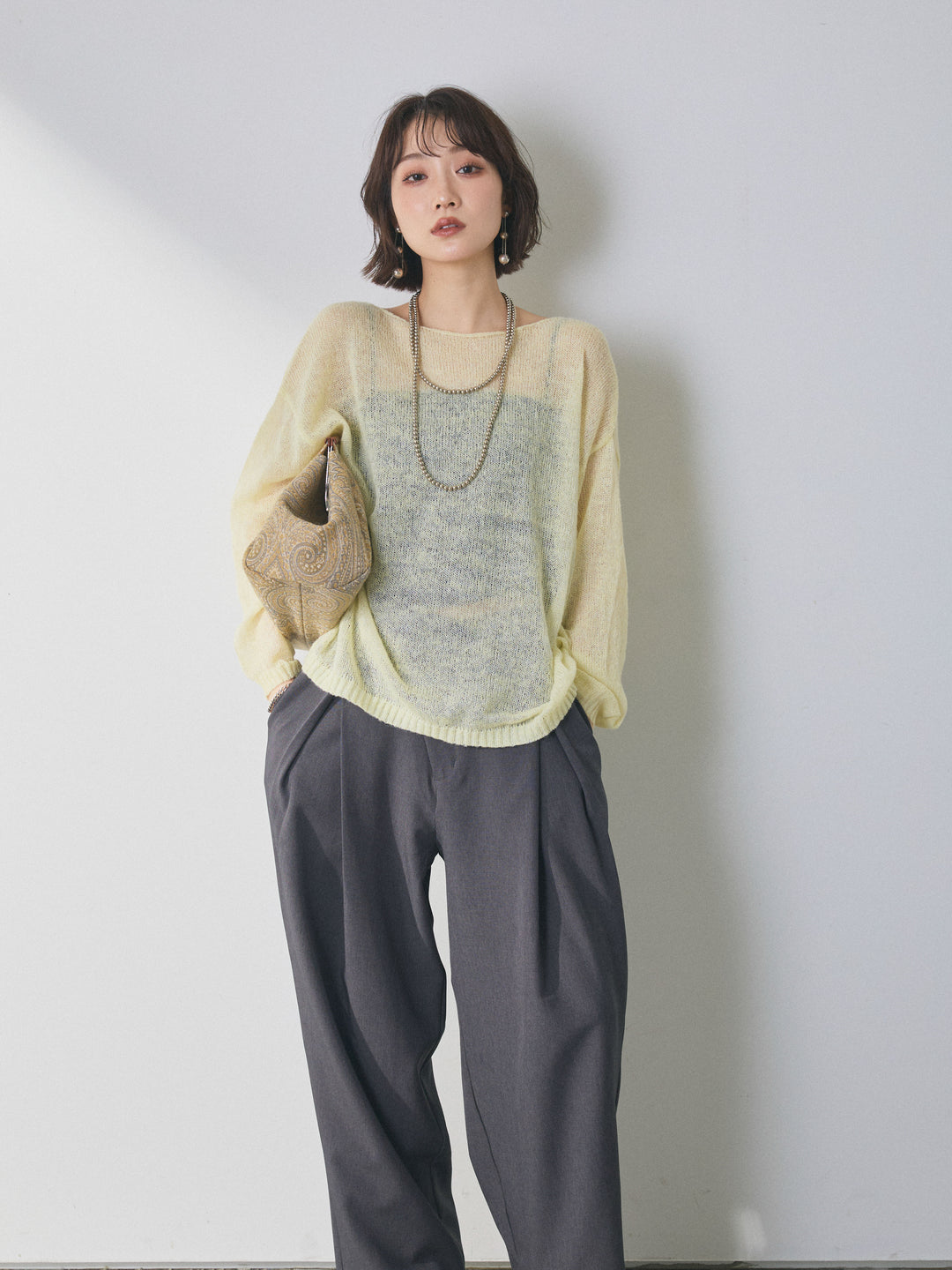 【Allure】[SET]モヘアタッチ透かし編みボートネックニットプルオーバー+モヘアタッチ透かし編みボートネックニットプルオーバー(2set)