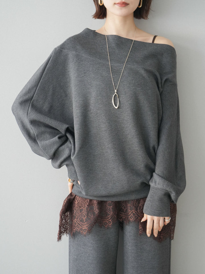 [SET]アシンメトリーオフショルポンチプルオーバー+イージーポンチワイドパンツ(2set)