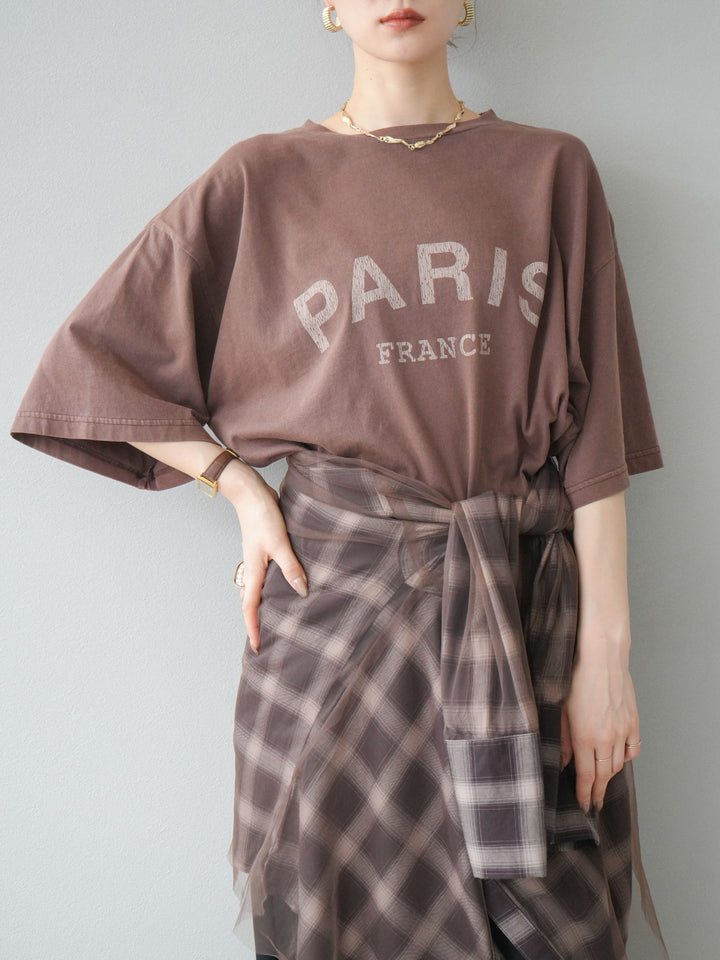 [SET]ピグメントロゴプリントTシャツ+2WAYデザインスウェットパンツ+チュールドッキングチェック柄オーバーサイズシャツ(3set)