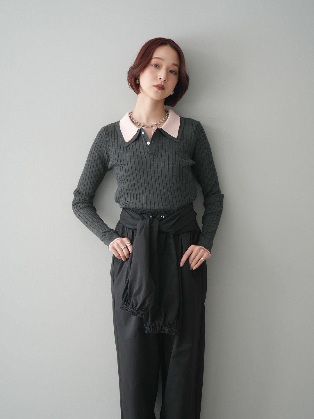 [SET]ダブル襟ポロリブニットトップス+ダブル襟ポロリブニットトップス(2set)