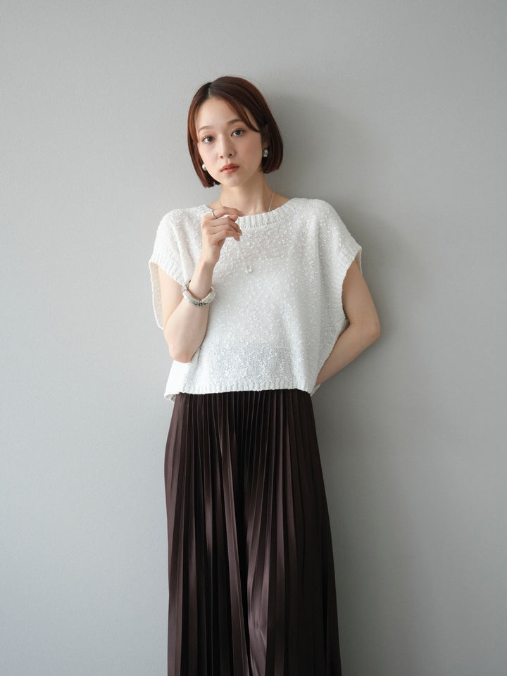 [SET]ネップヤーンクロップドニットベスト+サテンプリーツマキシスカート(2set)